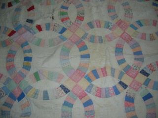 Vintage Hand - Stitched Wedding Ring Quilt 73 X 85” Colorful Pink Backing