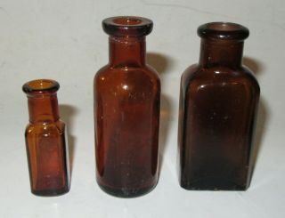 (3) Vintage Brown Glass Cork Top Small Antique Medicine Bottles 2 " - 3 1/4 " Tall
