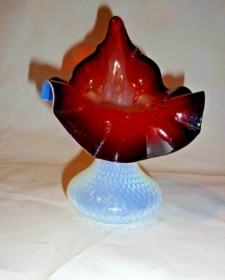 Antique Hand Blown White W/ Blood Red Jack In The Pulpit Art Glass Vase