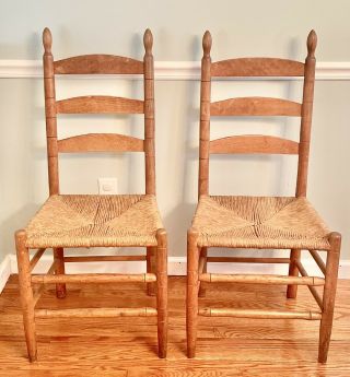 Antique Shaker Style Ladder Back Chairs Rush Seats Farmhouse Primitive