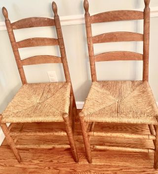 Antique Shaker Style Ladder Back Chairs Rush Seats Farmhouse Primitive 2