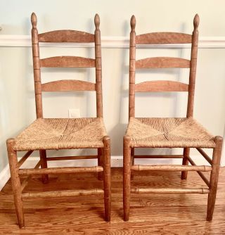 Antique Shaker Style Ladder Back Chairs Rush Seats Farmhouse Primitive 3