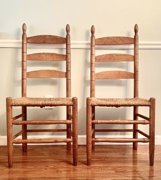 Antique Shaker Style Ladder Back Chairs Rush Seats Farmhouse Primitive 4