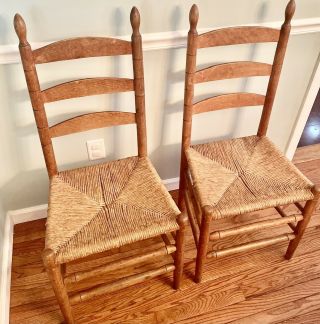 Antique Shaker Style Ladder Back Chairs Rush Seats Farmhouse Primitive 5