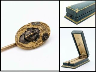 Antique Vtg 2 - 5/8 " Bronze Brass Art Nouveau Stick Pin W/ 11/16 " Oval Lady 