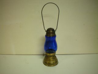 Antique Brass Skaters Lamp Lantern With Blue Globe