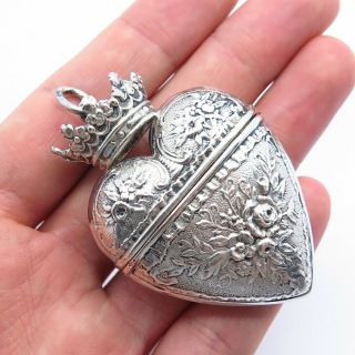 Antique Victorian Italy 800 Silver Heart Crown Repousse Locket Box Pendant