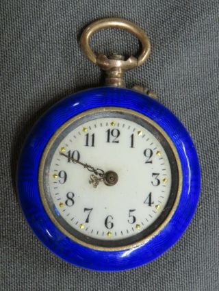 Antique Argent Dore Blue Guilloche Enamel Pin Watch.  800 Silver