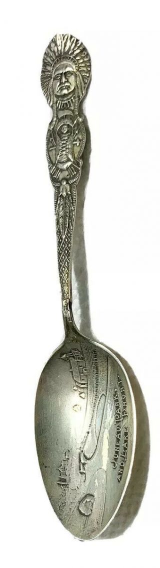 Antique Juneau Park Milwaukee Wisconsin Sterling Silver Spoon Indian Chief