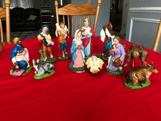 Vintage 11 Piece Hand Painted Paper Mache’ Nativity Made In Italy See Descriptio