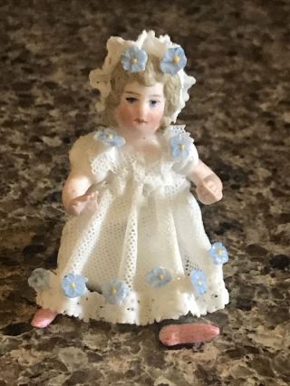 Antique Miniature German Dresden Porcelain W/ Lace Baby Girl Figurine 2 1/2 "