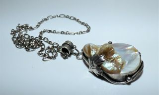 Antique Arts And Crafts Silver Mother Of Pearl Pendant Necklace Art Nouveau Drop