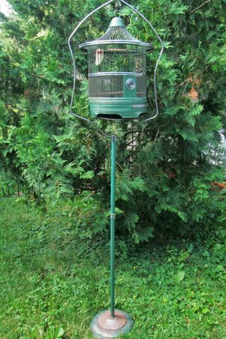 Antique Hendryx Green Dome Bird Cage With Metal Floor Stand Art Deco Birdcage