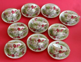 10 Antique Coronet Limoges Cups Saucers Pink/white Flowers W/ Hand Enamel Gold