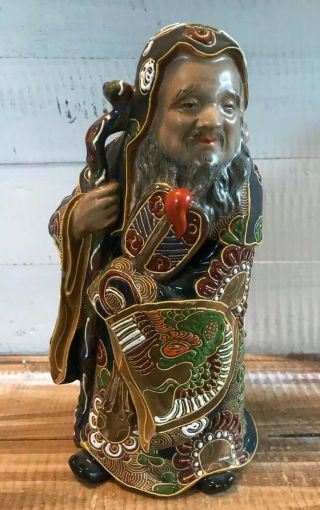 Antique Japanese Satsuma Moriage Painted Bearded Man With Staff Figure 9.  75 "