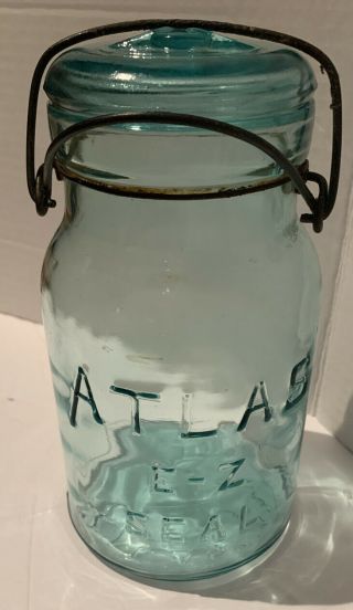 Antique Atlas E - Z Seal Quart Jar Blue & Green Glass Wire Bail Glass Top