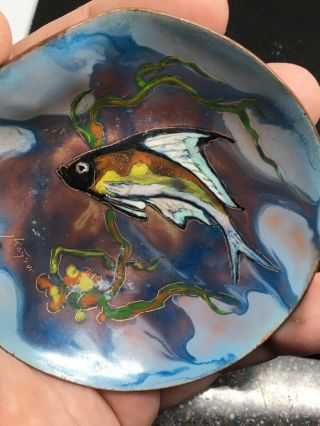 Old Unusual Chinese Enamel Gold Outline Signed Pin Dish Siemese Fighter Fish