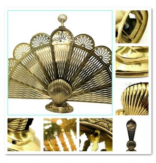 Vintage Ornate Brass Peacock Style Folding Fan Fireplace Screen Art Deco Shell