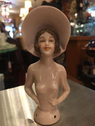 Antique German Porcelain Half Doll In Light Pink Bonnet