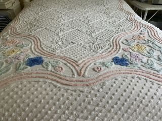 Vintage White Cotton Chenille Bedspread 176” X 196” Chenille Flowers