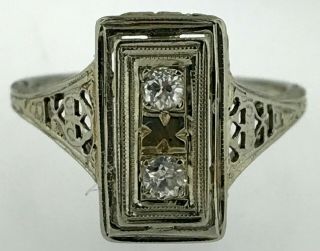 Antique Art Deco 18k White Gold Old Mine Cut Diamonds Ladies Filigree Ring