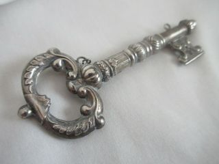 antique,  sewing,  CHATELAINE,  German Silver,  FIGURAL KEY,  needle case,  JUST 2
