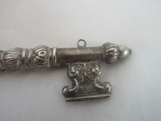 antique,  sewing,  CHATELAINE,  German Silver,  FIGURAL KEY,  needle case,  JUST 5