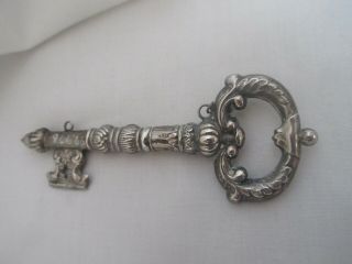 antique,  sewing,  CHATELAINE,  German Silver,  FIGURAL KEY,  needle case,  JUST 6