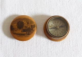 Antique 19th Century Circular Mauchlin Ware Wooden Box With Compass Inside