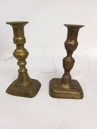 2 Very Old Vintage Antique Brass Candlesticks 18.  5 & 19cm