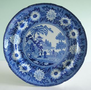 Antique Staffordshire Pearlware Blue Transferware Rogers Zebra Dinner Plate 1820