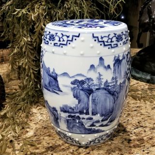 Vintage Blue & White Chinese Porcelain Garden Stool Barrel With Temple Waterfall