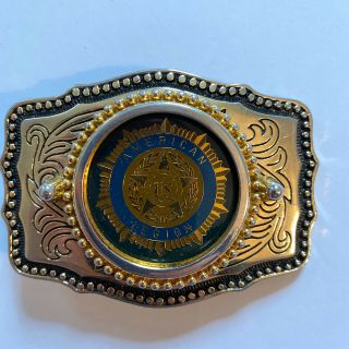 Vintage Belt Buckle Us American Legion Colorful Star Usa Made Gold Tone 3 "