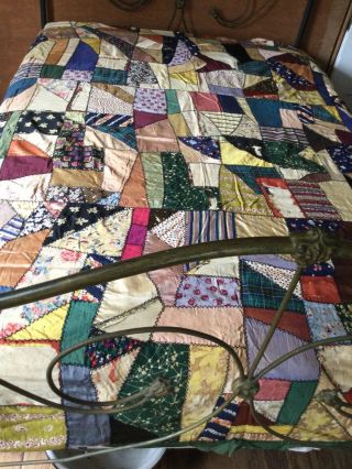 Antique Victorian Crazy Quilt Top Feather Stitch Embroidered