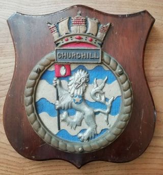 Antique Cast Brass Hms Churchill Royal Navy Ship Badge Crest Shield Plaque 4kg