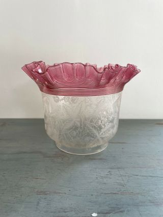 A Victorian Acid Etched And Cranberry Crimped Top Oil Lamp Shade