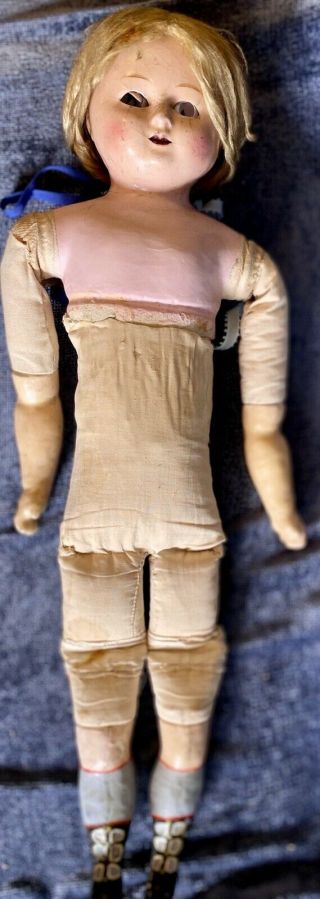 Antique 24” C1840 German Wax Over Paper Mache Doll W/orig Squeaker Body