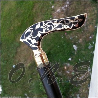 Black Wooden Inlay Walking Cane Solid Brass Resin Head Handle Walking Stick Gift