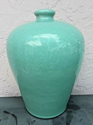 Large Antique Vintage Signed Chinese Celadon Green Incised Porcelain Vase 14 "