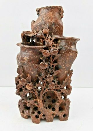 Large 10 " Hand Carved Antique Chinese Incised Red Floral Soapstone Triple Vase