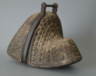 Antique Peruvian Equestrian Saddle Stirrup,  Handcarved Ornate Wood,  Iron Brace