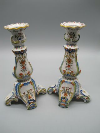 Antique French Faience Candlestick Holders Signed Jj - 9.  75 "