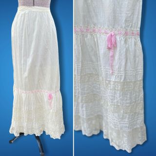 Antique Edwardian Cotton & Lace Petticoat Slip Victorian Skirt Pink Ribbon