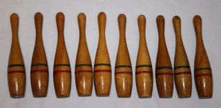 Antique Toy Ten Pin Wooden Bowling Set with Red & Green Paint 4