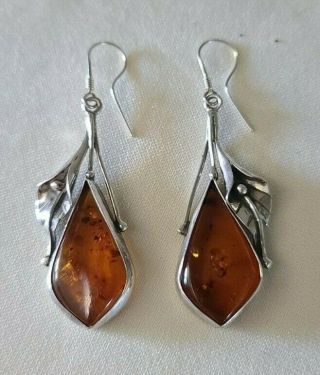 Vintage Baltic Honey Amber W/flower Silver Dangle Drop Earrings 10.  12g " Euc,  "