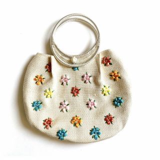 Vintage Straw Purse Hand Bag Raffia Flowers Boho Hippie Floral Round Handle
