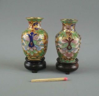 Two (2) Miniature Chinese Cloisonne Enamel On Brass Vases Wooden Stands 2 1/2 "