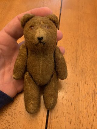 Antique Small 5 Inch Tall Teddy Bear With Glass Eyes & Jointed Arms & Legs 1