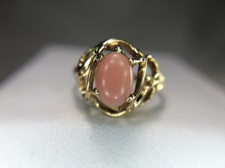 Vintage Art Deco 14k Yellow Gold Pink Oval Cabochon Filigree Solitaire Ring