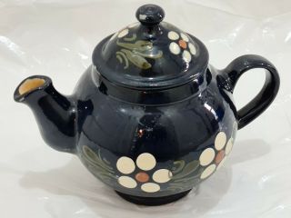 Antique Retro Teapot Dark Blue White Floral Hand Painted Ceramic Pottery